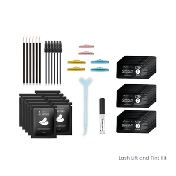 lash lift and tint kit with mascara wands, doe foot applicators, lash tool, quicklift sachets, gel patches, eye shields, and adhesive